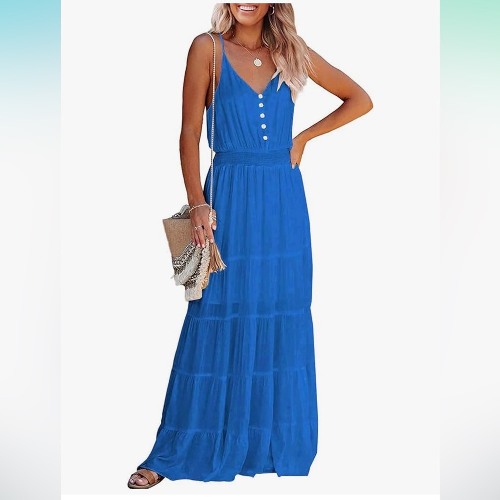 Sleeveless Blue V-Neck Maxi Dress with Button Front